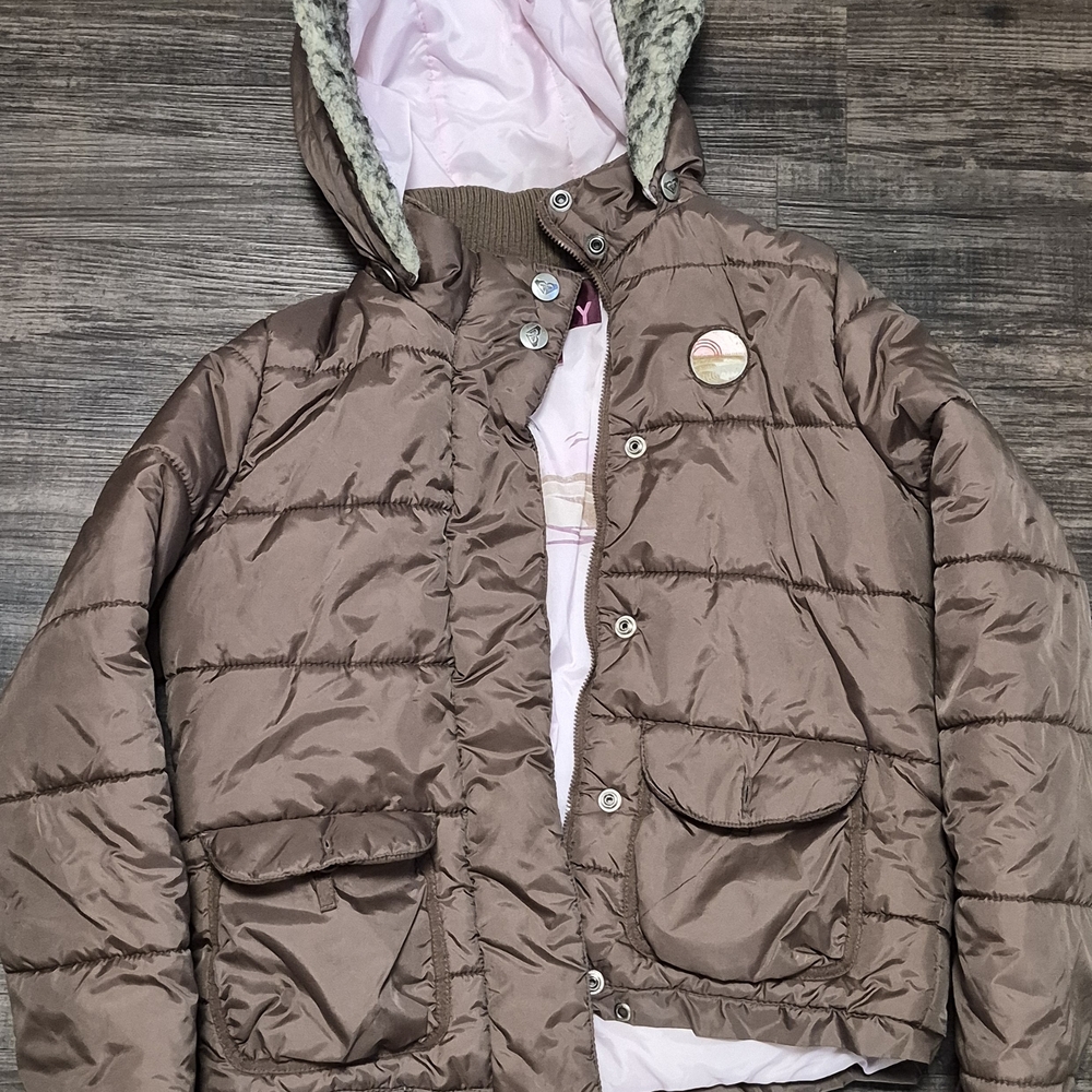 Roxy Brown Puffer Jacket with Pink Lining